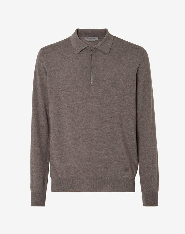 Polo con zip tortora in lana merinos
