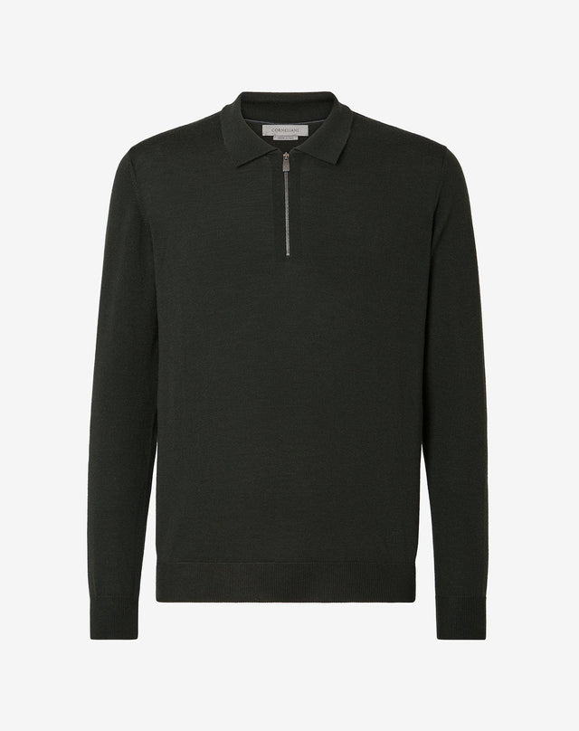Polo Con Zip Scuro In Lana Merino