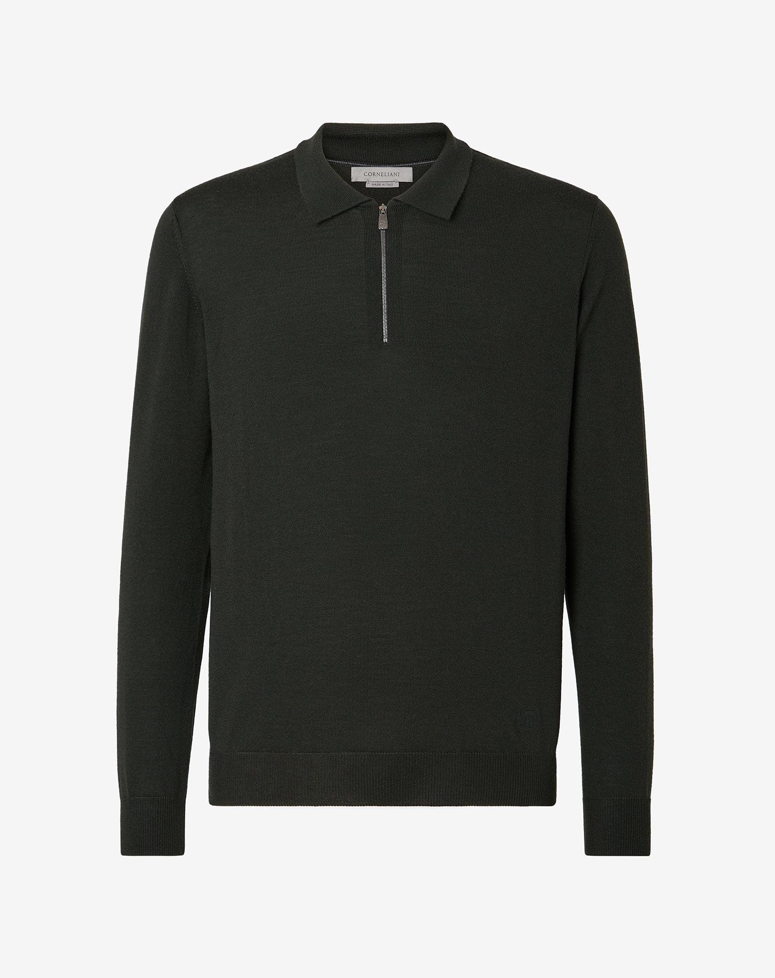 Polo con zip verde scuro in lana merino
