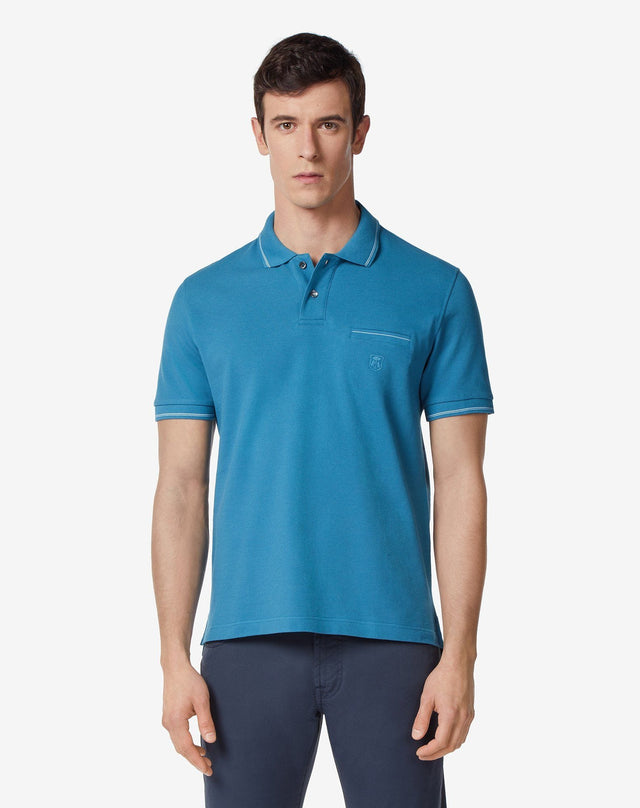 Polo Corta Azzurra In Piquet Di Cotone