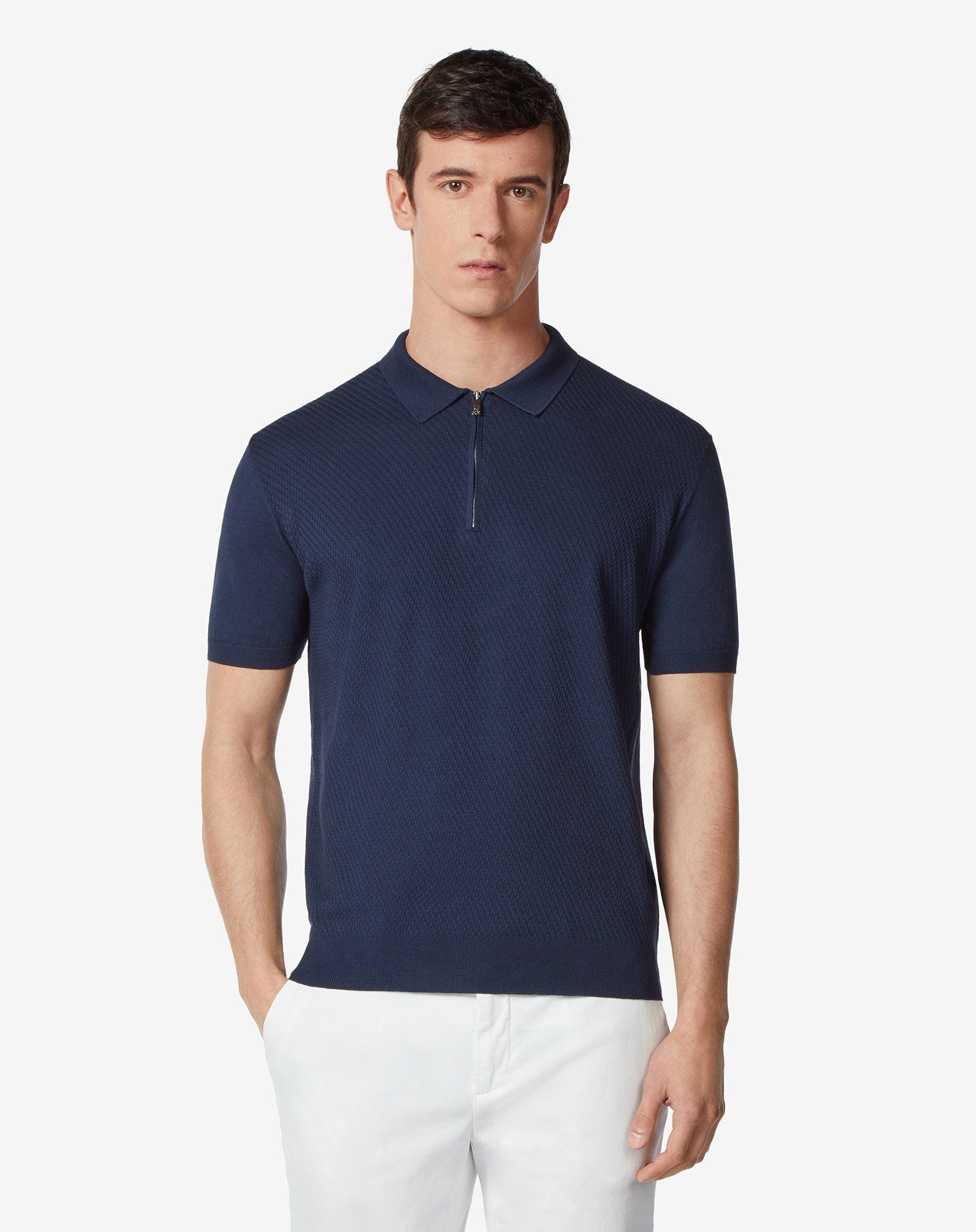 Polo zip blu navy in sweater di cotone Pima
