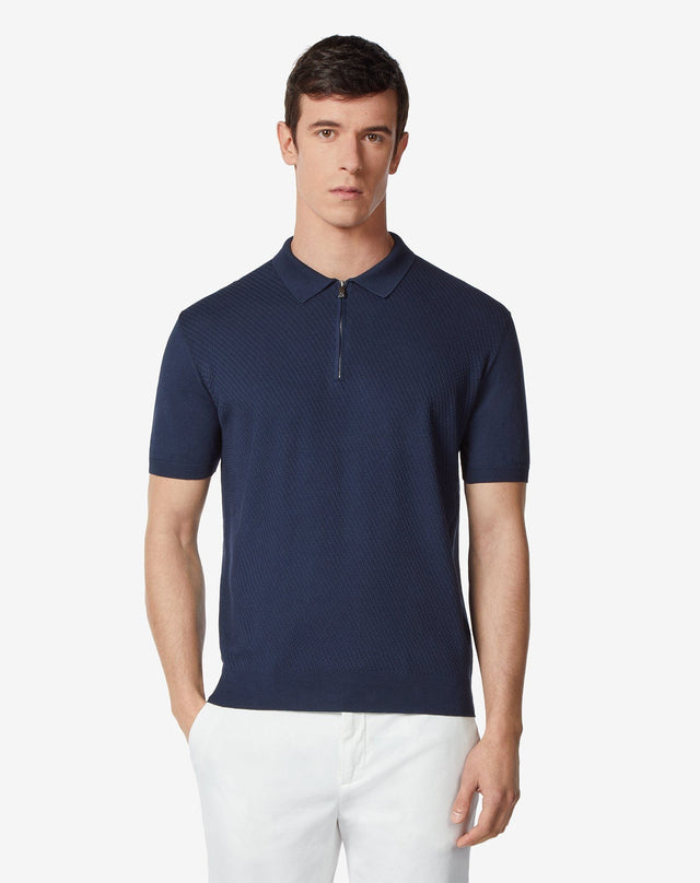 Polo zip blu navy in sweater di cotone Pima