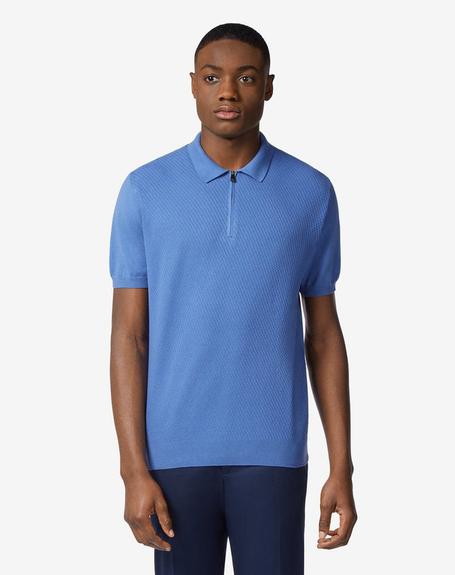 Polo zip blu in sweater di cotone Pima
