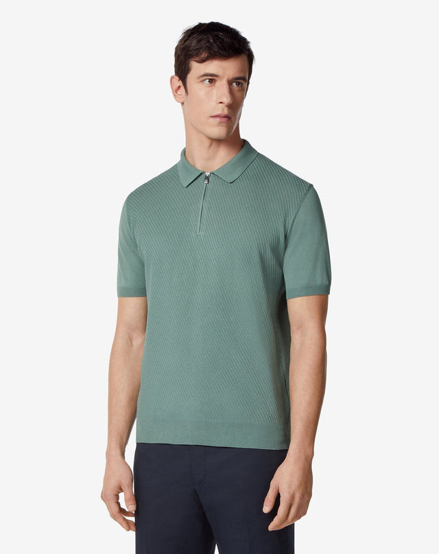 Polo zip verde in sweater di cotone Pima