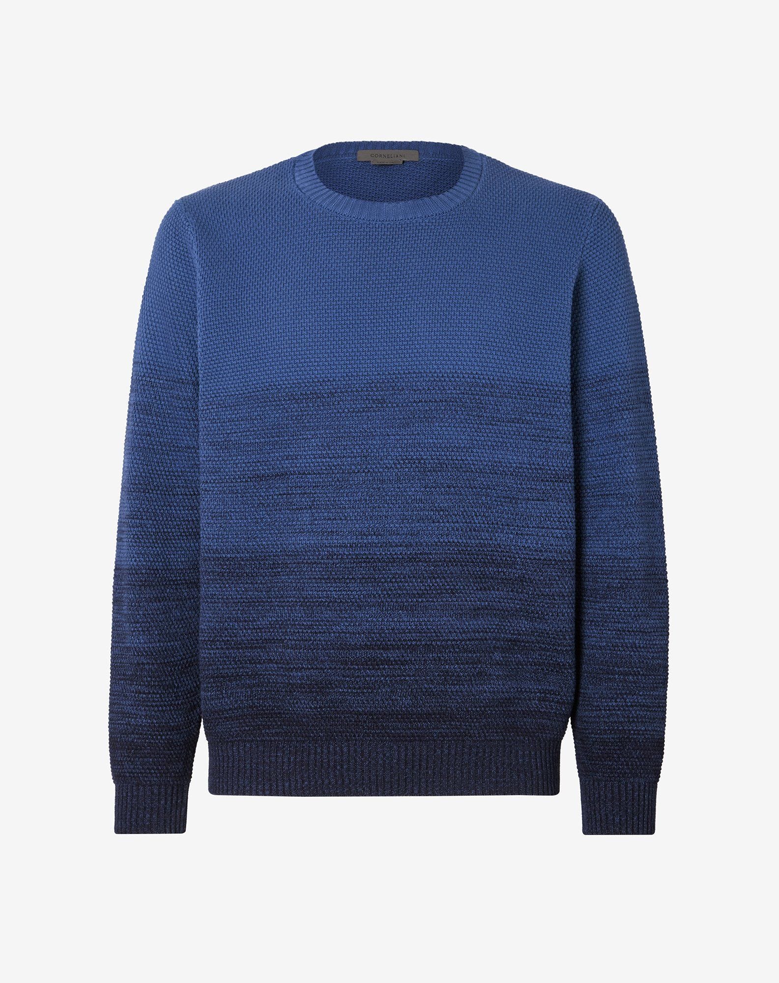 Sweater girocollo blu a treccia in cotone