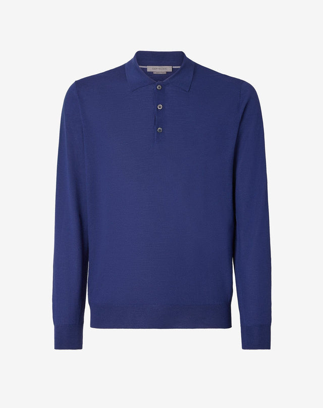 Polo a maniche lunghe blu in lana