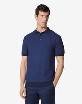 Polo Blu In Cotone E Seta Con Collo