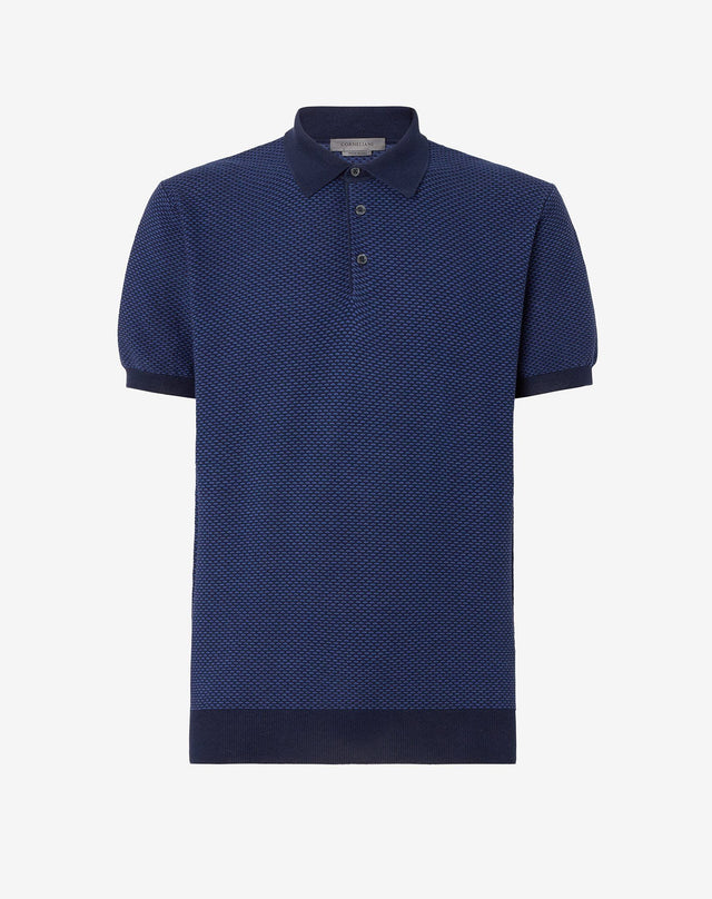 Polo blu in cotone e seta con collo