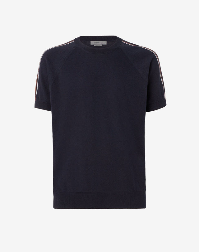 Sweater girocollo blu in cotone e cashmere