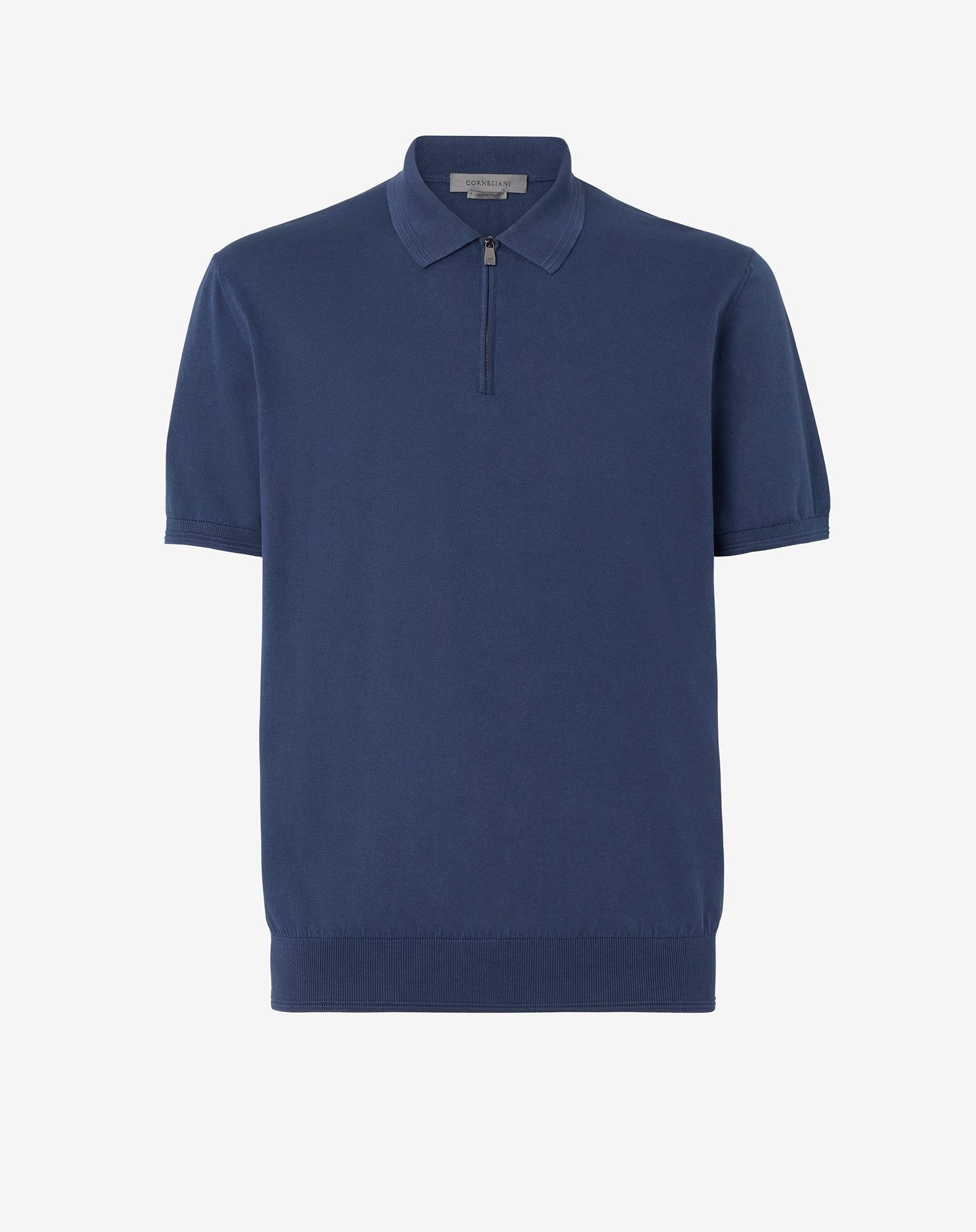 Polo Zip Maniche Corte Blu In Cotone