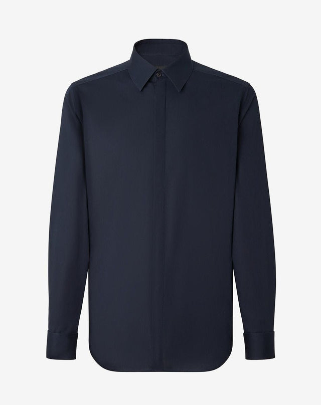Shirt smoking in popeline di cotone stretch blu navy