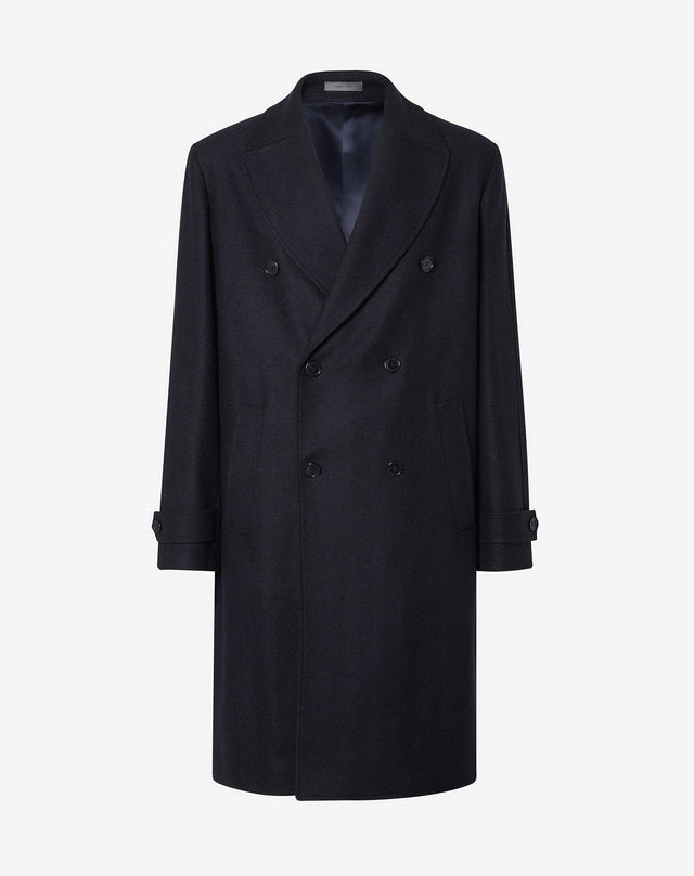 Coat Doppiopetto Navy In Pura Lana Fantasia Herringbone