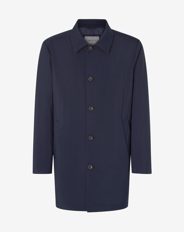 Trench blu navy in tessuto tecnico con imbottitura extra-soft