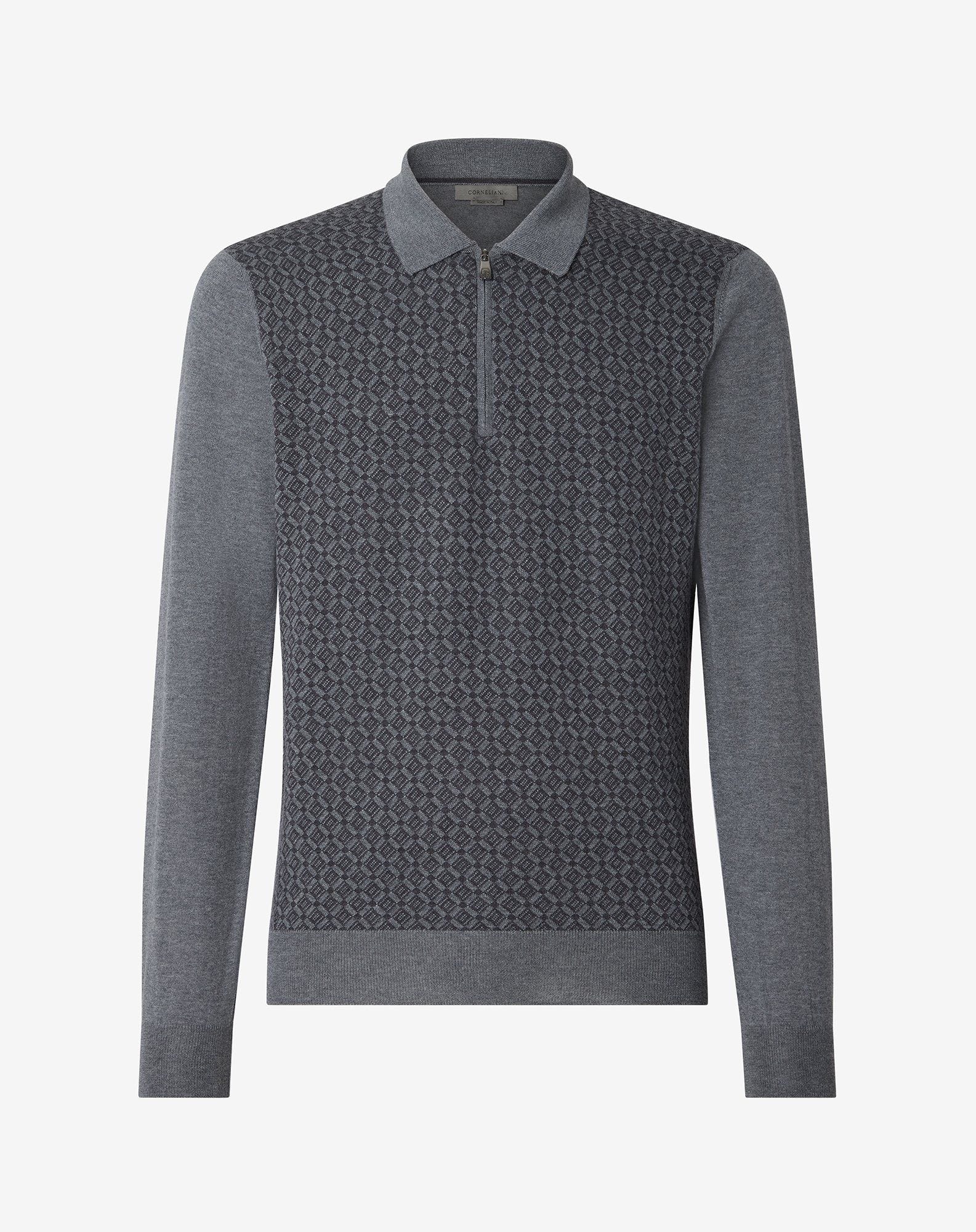 Polo zip grigia in lana merino extra-fine