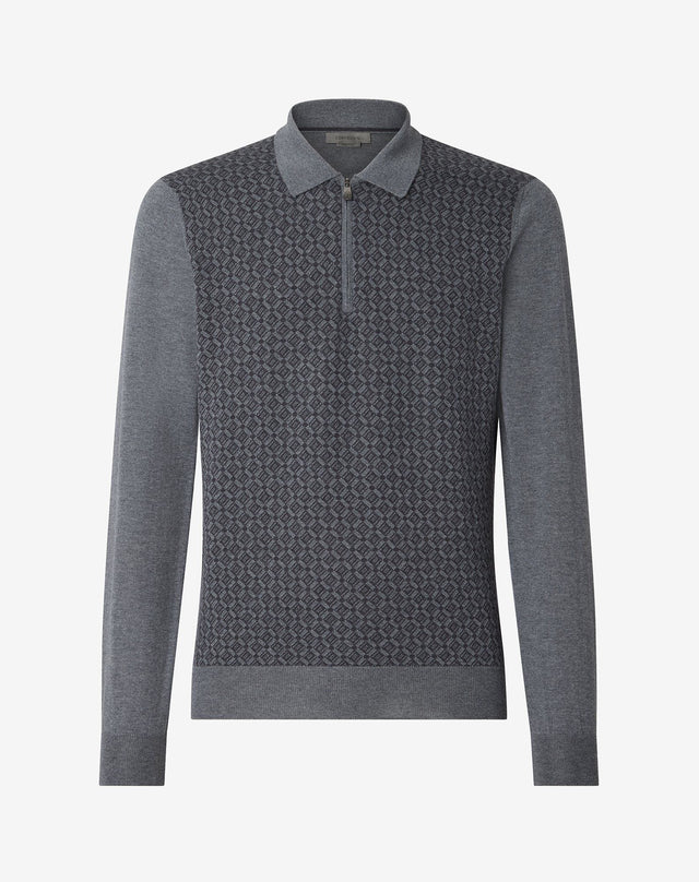 Polo zip grigia in lana merino extra-fine