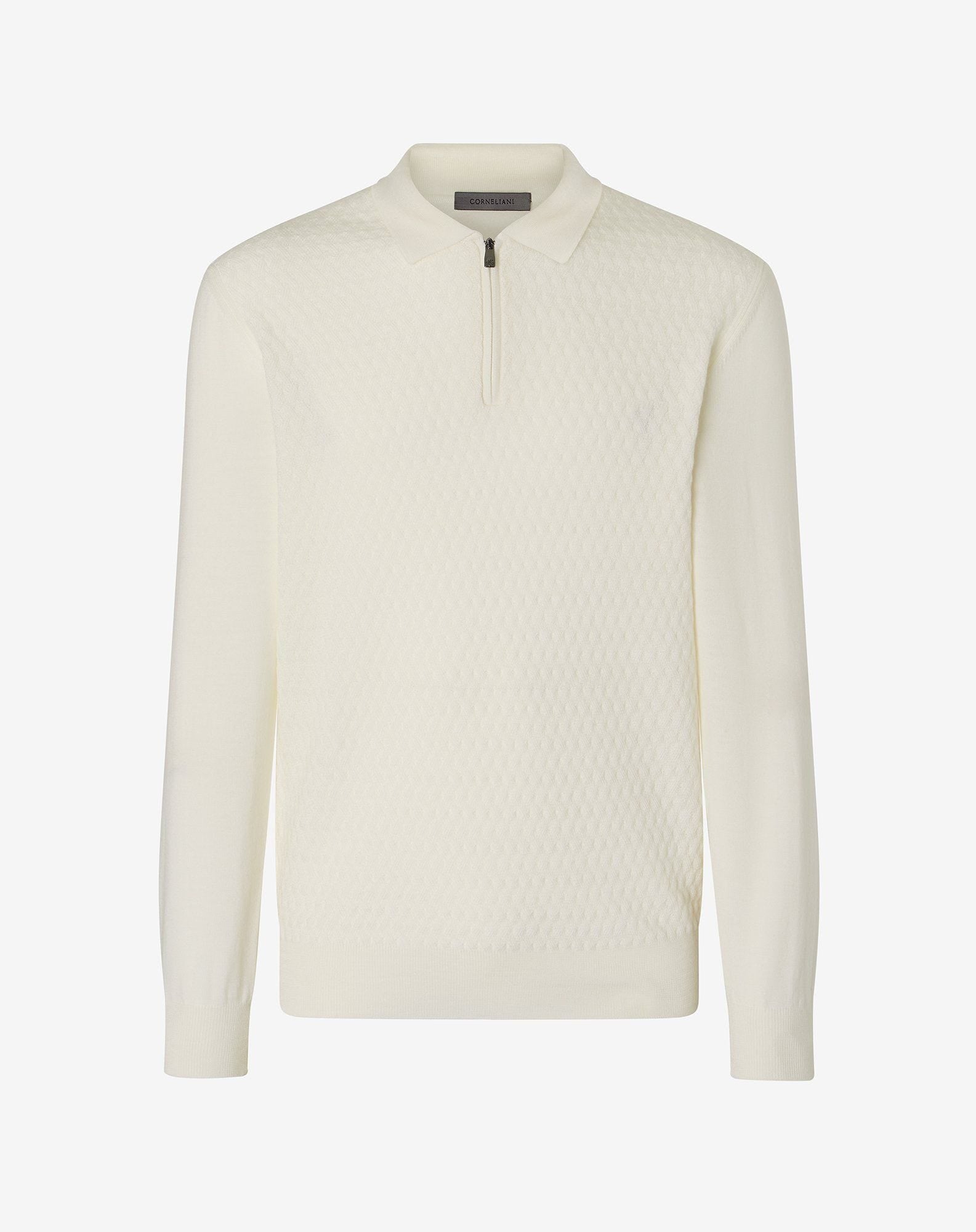 Polo zip bianca in merino extra-fine
