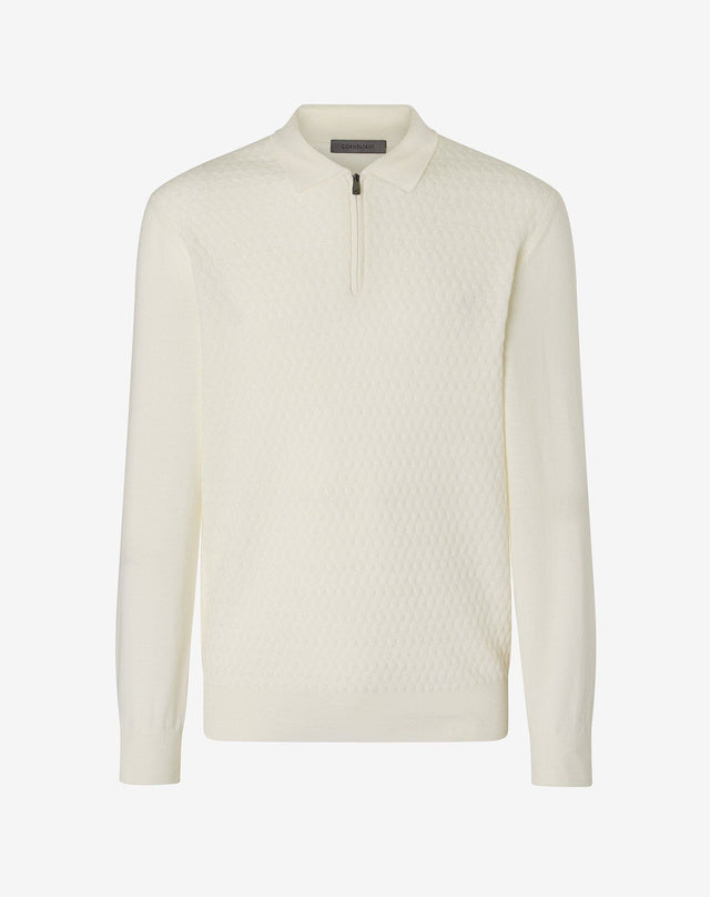 Polo zip bianca in merino extra-fine