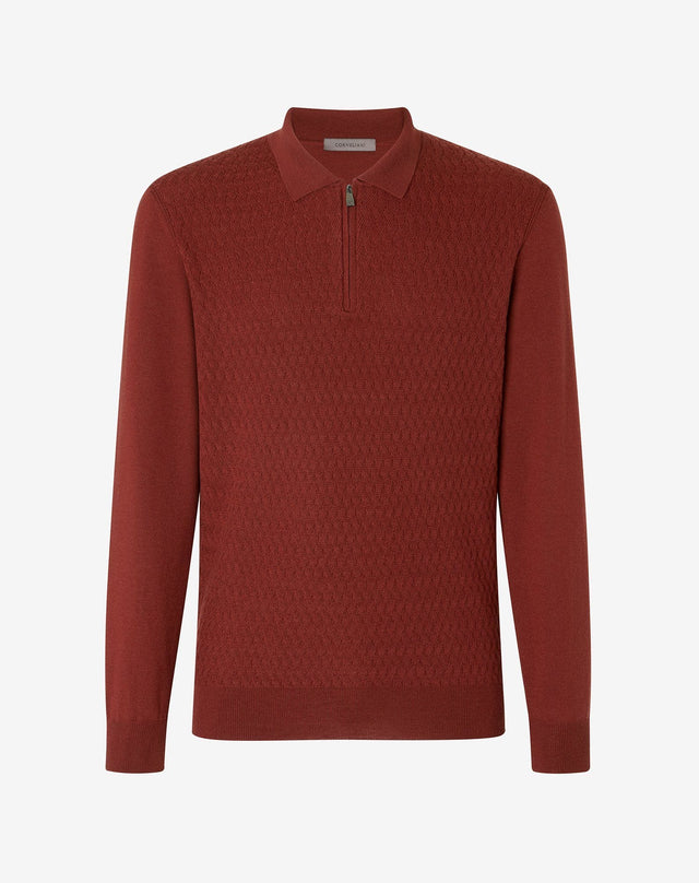 Polo zip rossa in merino extra-fine
