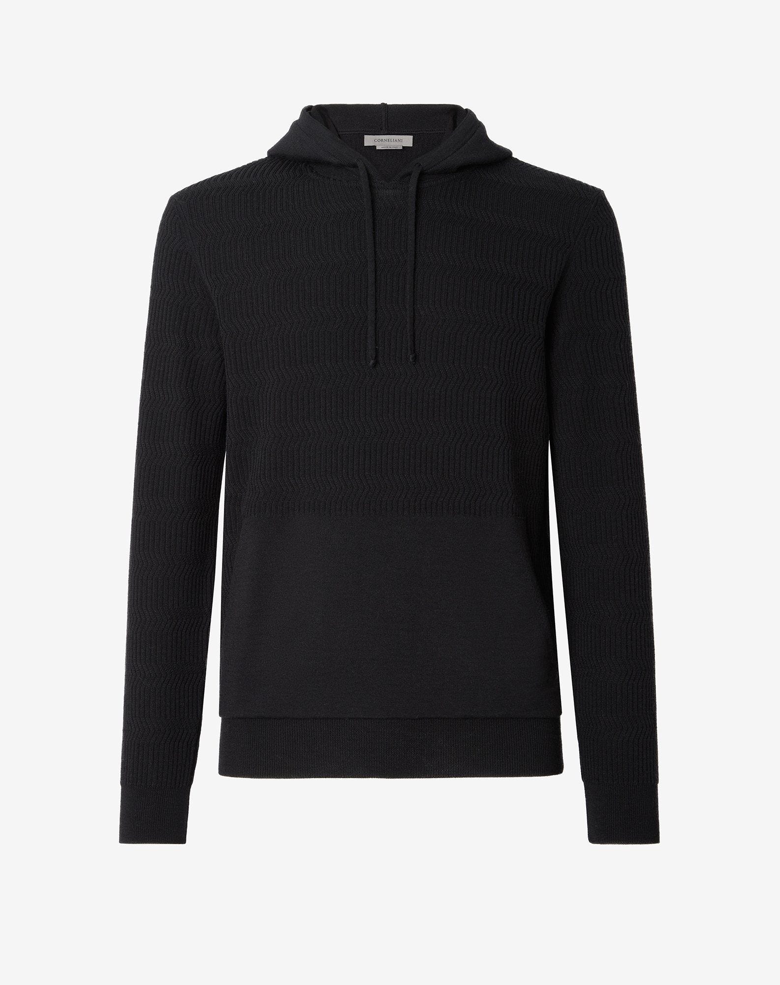 Felpa con cappuccio nera in merino extra-fine