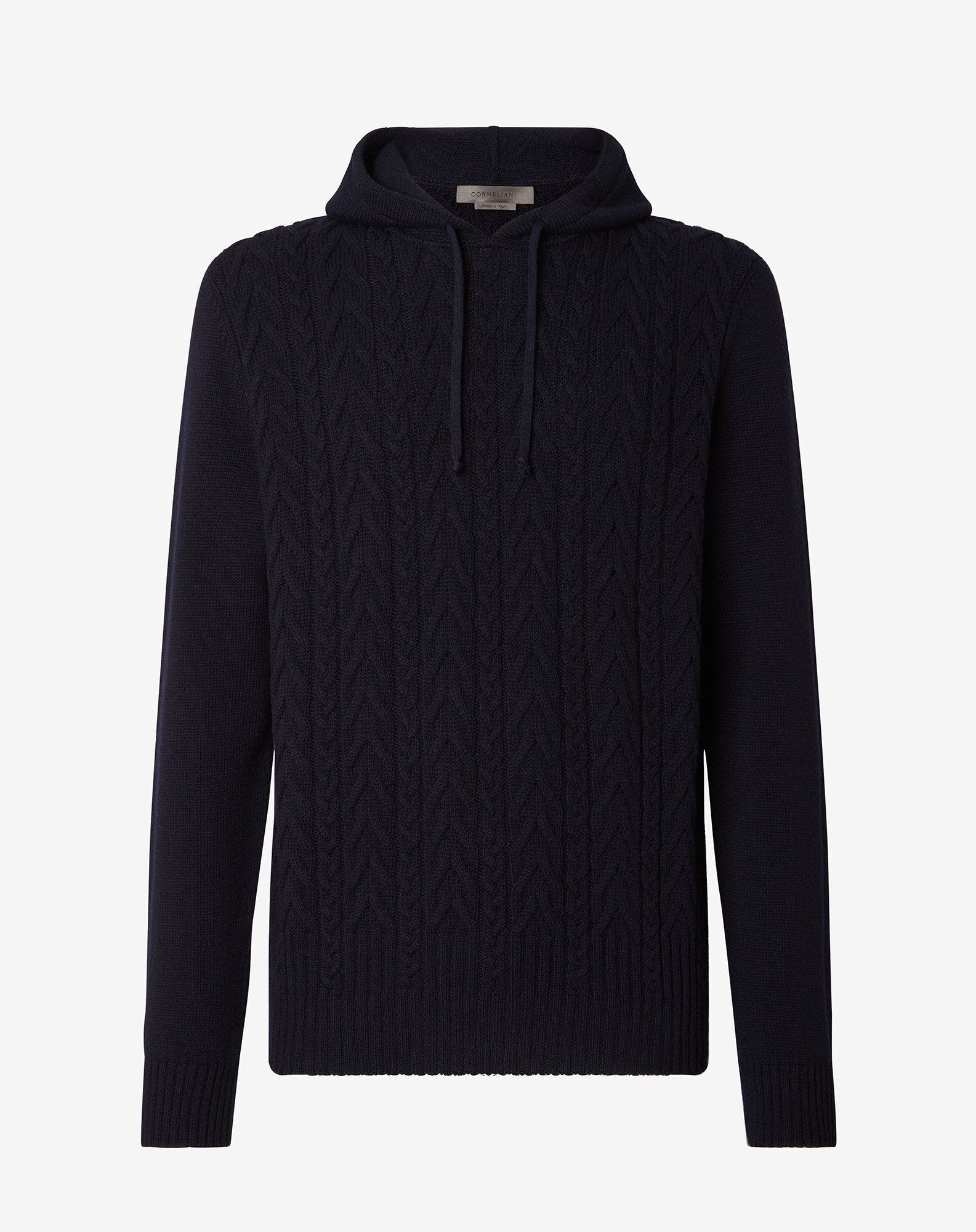 Felpa con cappuccio blu in sweater con motivo a treccia