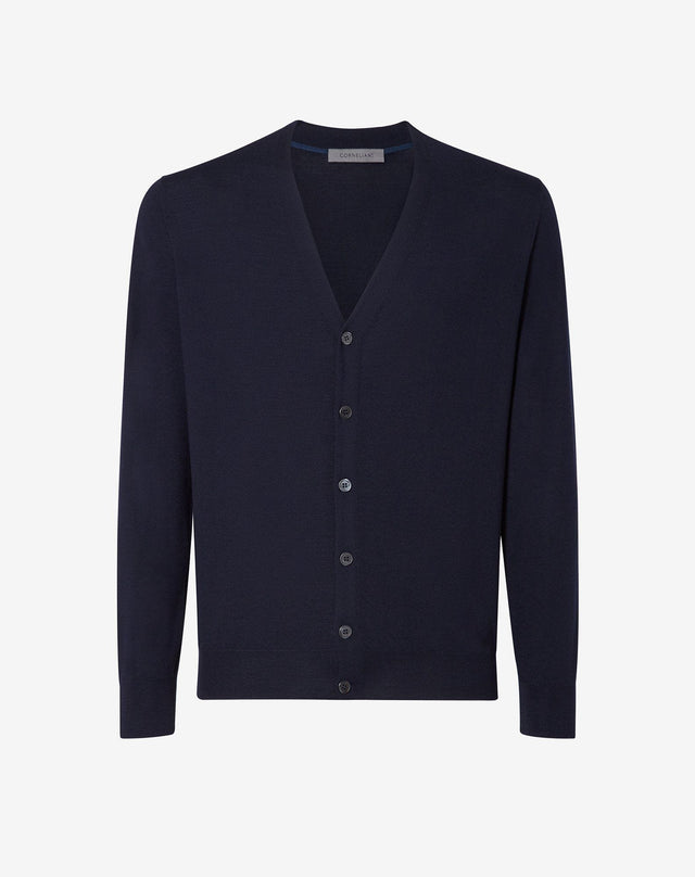 Cardigan blu navy in lana extra-fine 120's