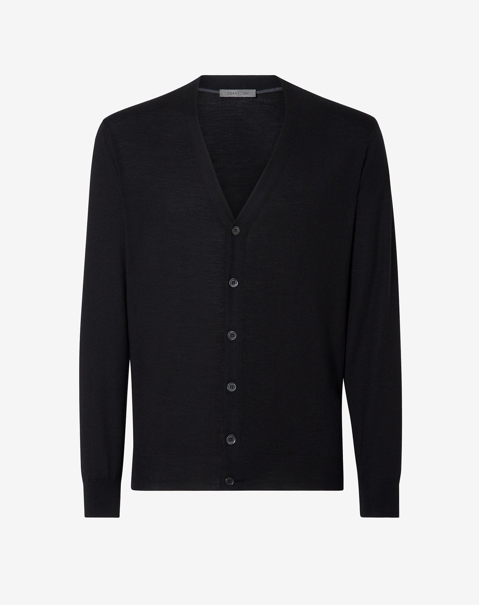 Cardigan nero in lana extra-fine 120's