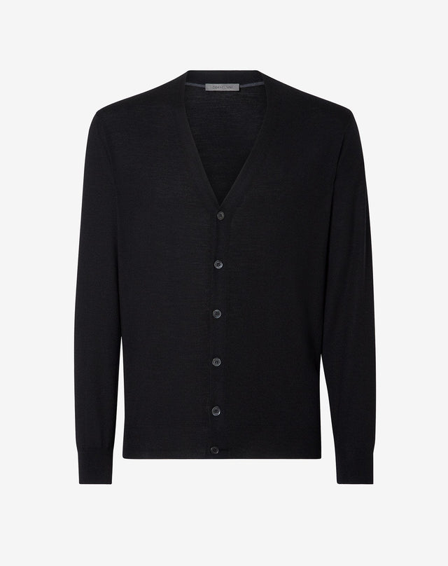 Cardigan nero in lana extra-fine 120's