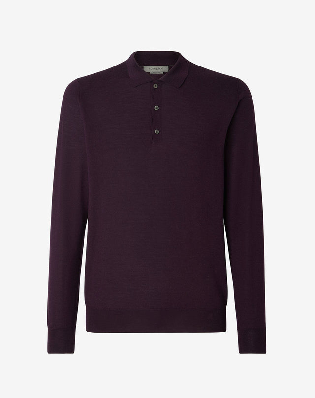 Polo a bottoni viola in lana extra-fine 120's