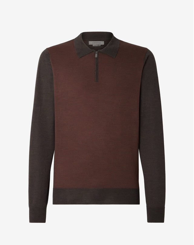 Polo zip marrone in lana extra-fine 120's