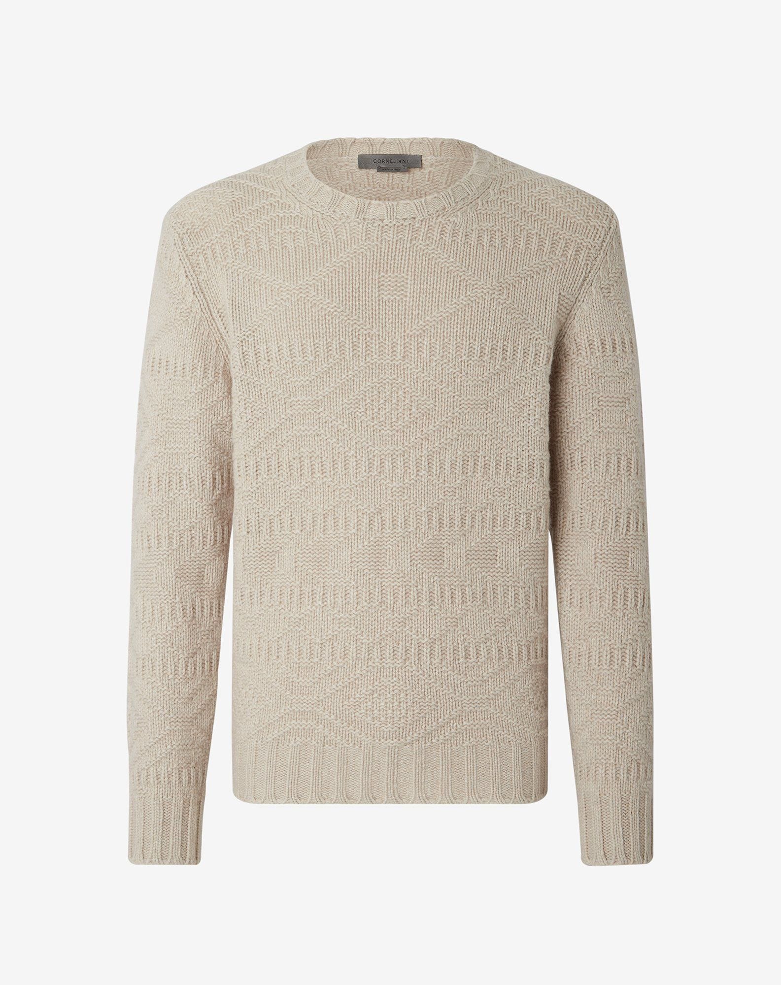 Sweater girocollo beige in eco-cashmere con motivi geometrici