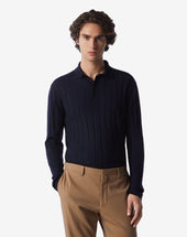 Polo A Bottoni Navy In Merino Extra Fine