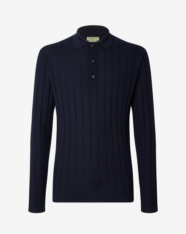 Polo a bottoni blu navy in merino extra-fine
