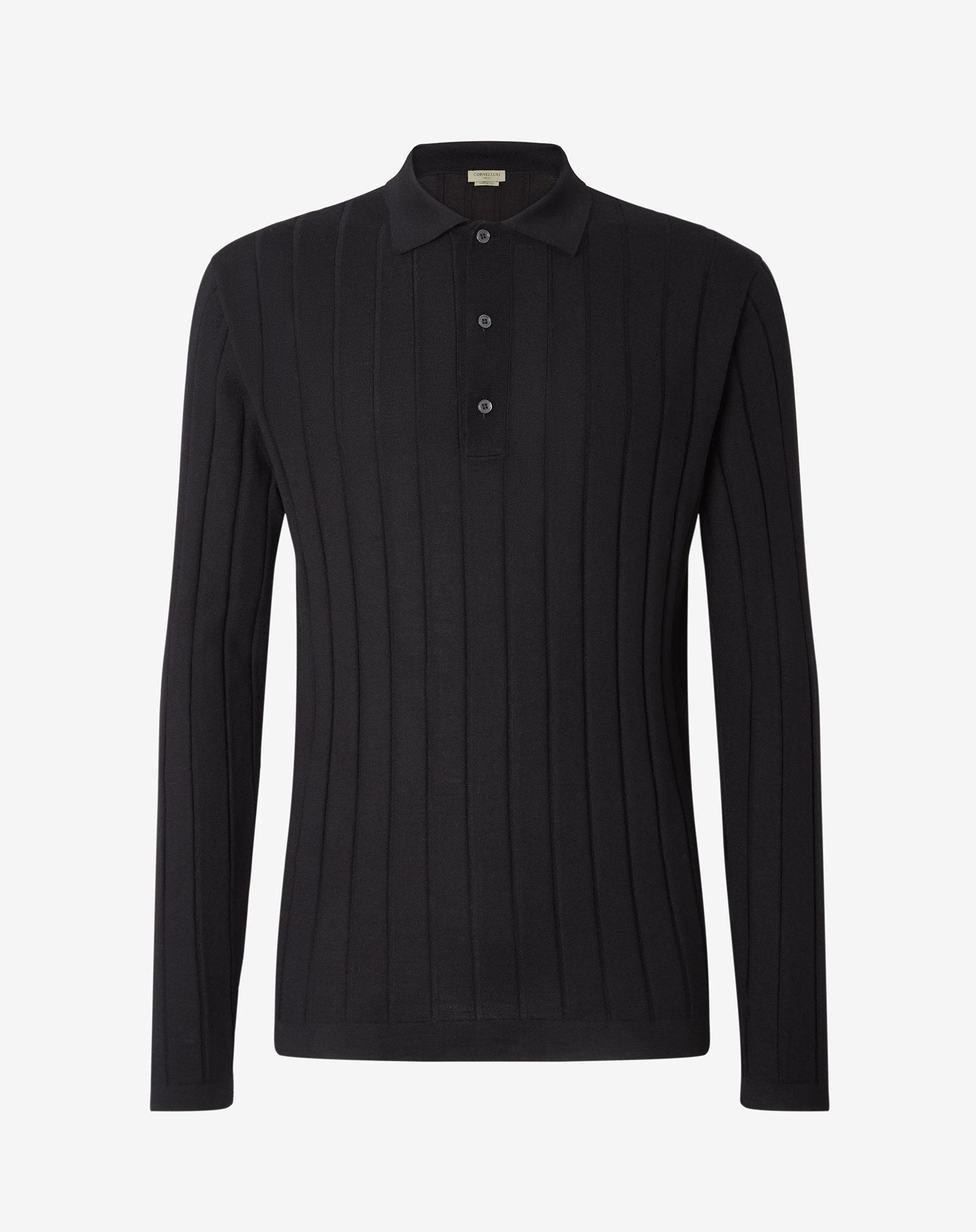 Polo a bottoni nera in merino extra fine