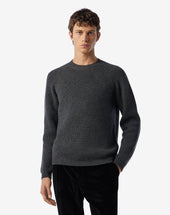 Sweater Girocollo Grigia A Costine In Merino Extra Fine