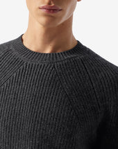 Sweater Girocollo Grigia A Costine In Merino Extra Fine