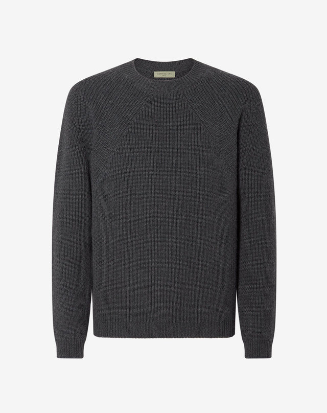 Sweater Girocollo Grigia A Costine In Merino Extra Fine