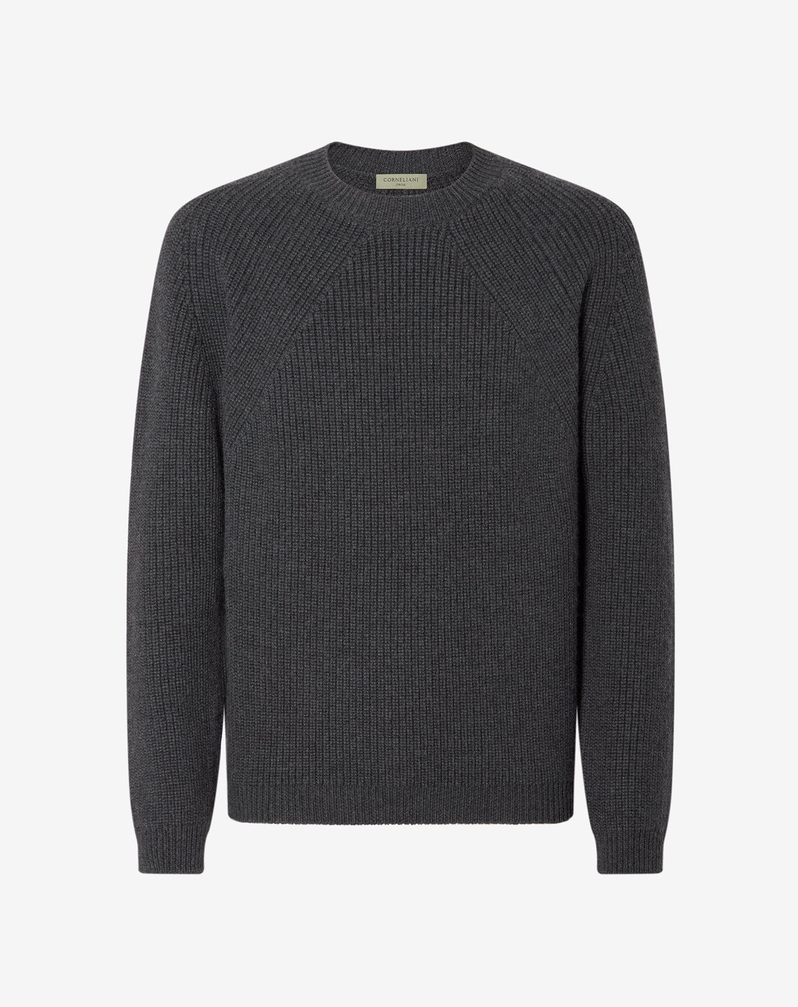 Sweater girocollo grigia a costine in merino extra-fine