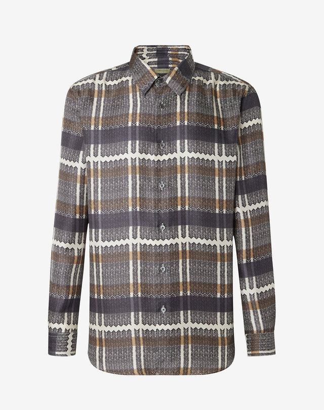 Shirt marrone in seta con fantasia all over