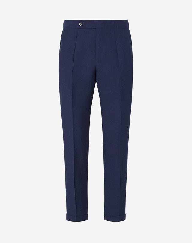 Pants blu con 2 pince in lana e lino