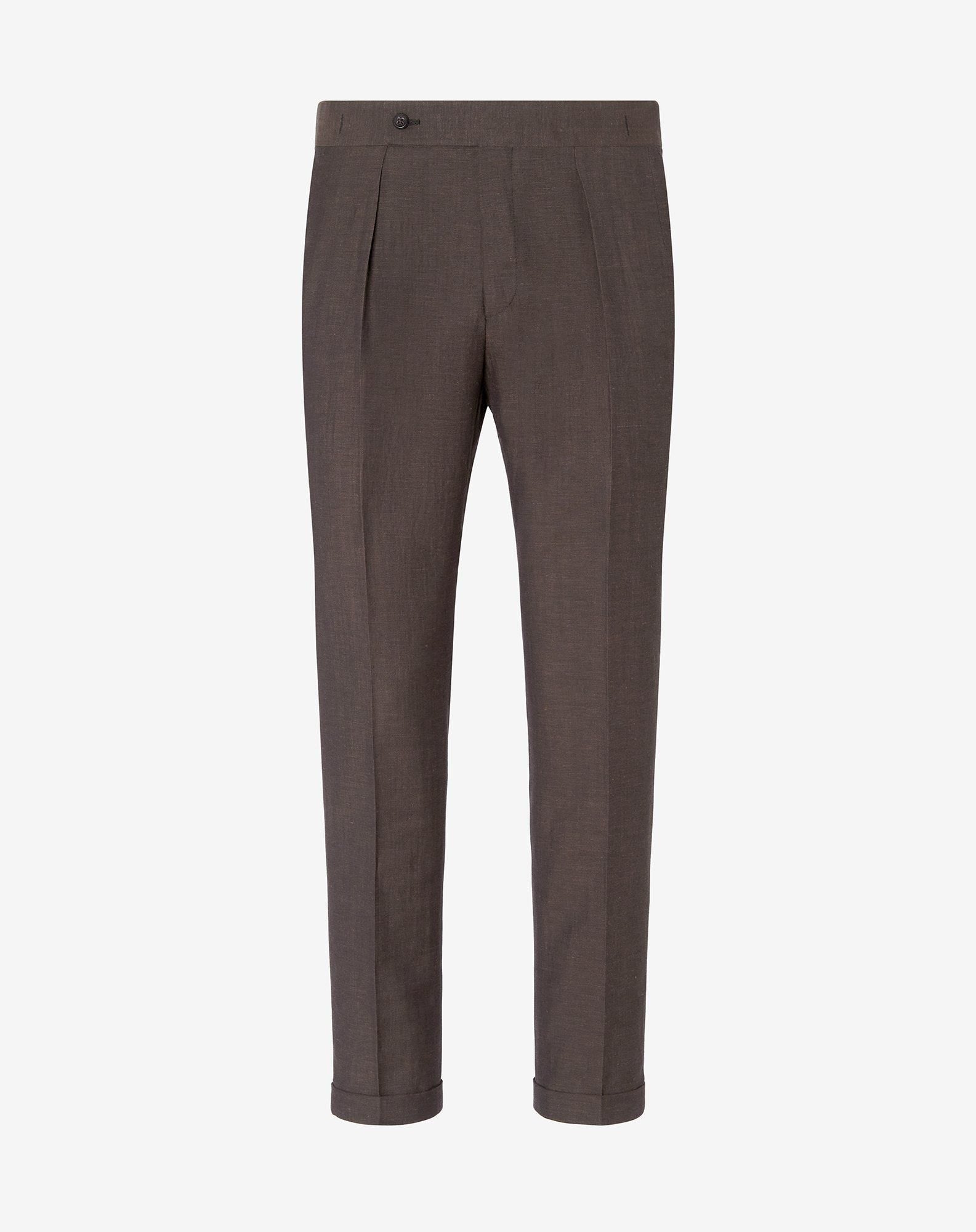 Pants marroni con 2 pince in lana e lino