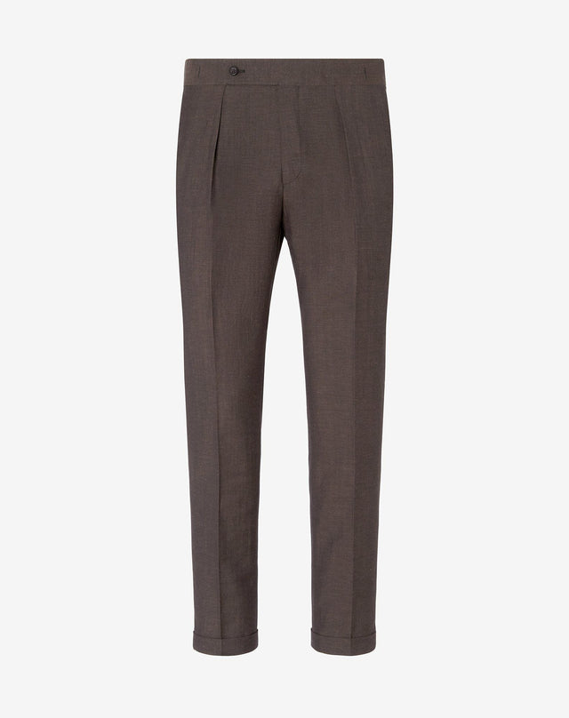 Pants marroni con 2 pince in lana e lino