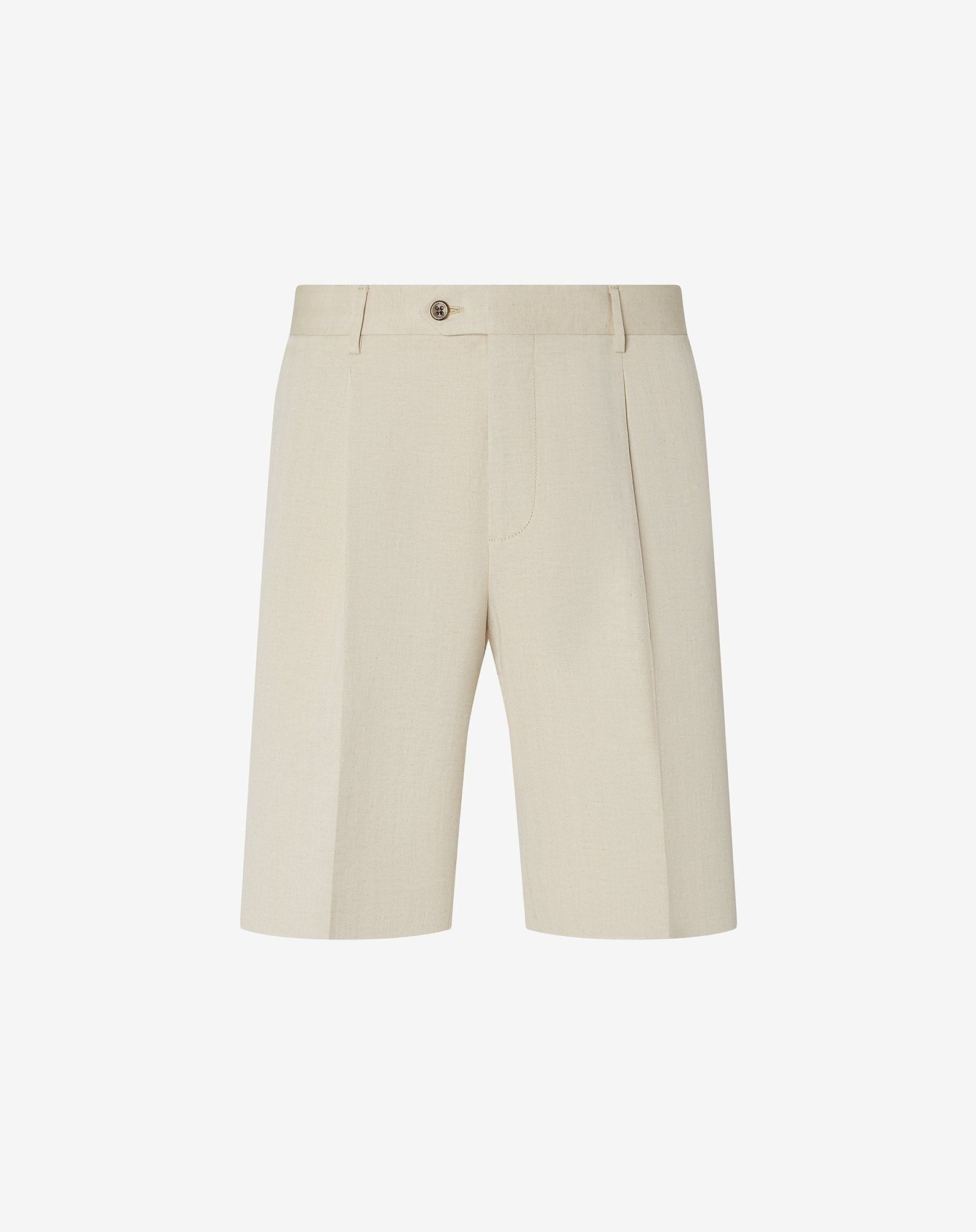 Bermuda beige in cotone e lino spina di pesce