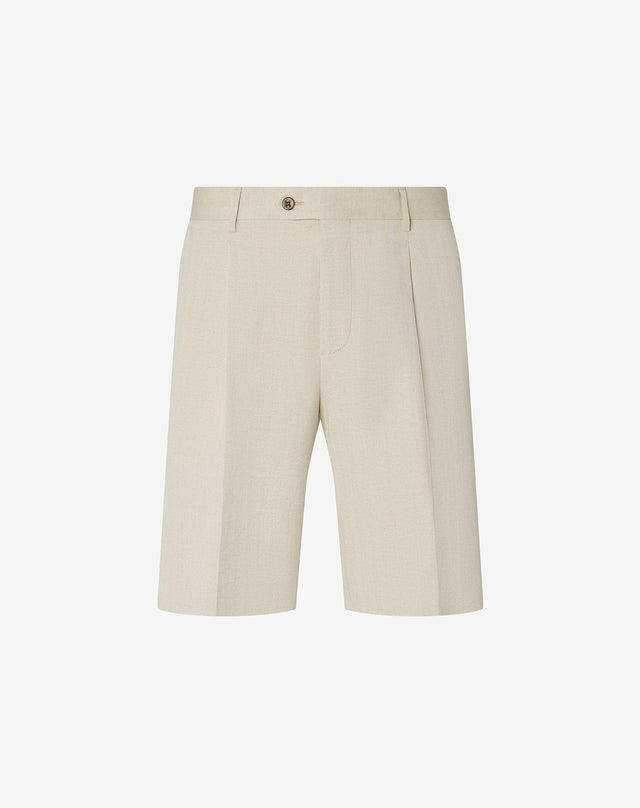 Bermuda beige in cotone e lino spina di pesce