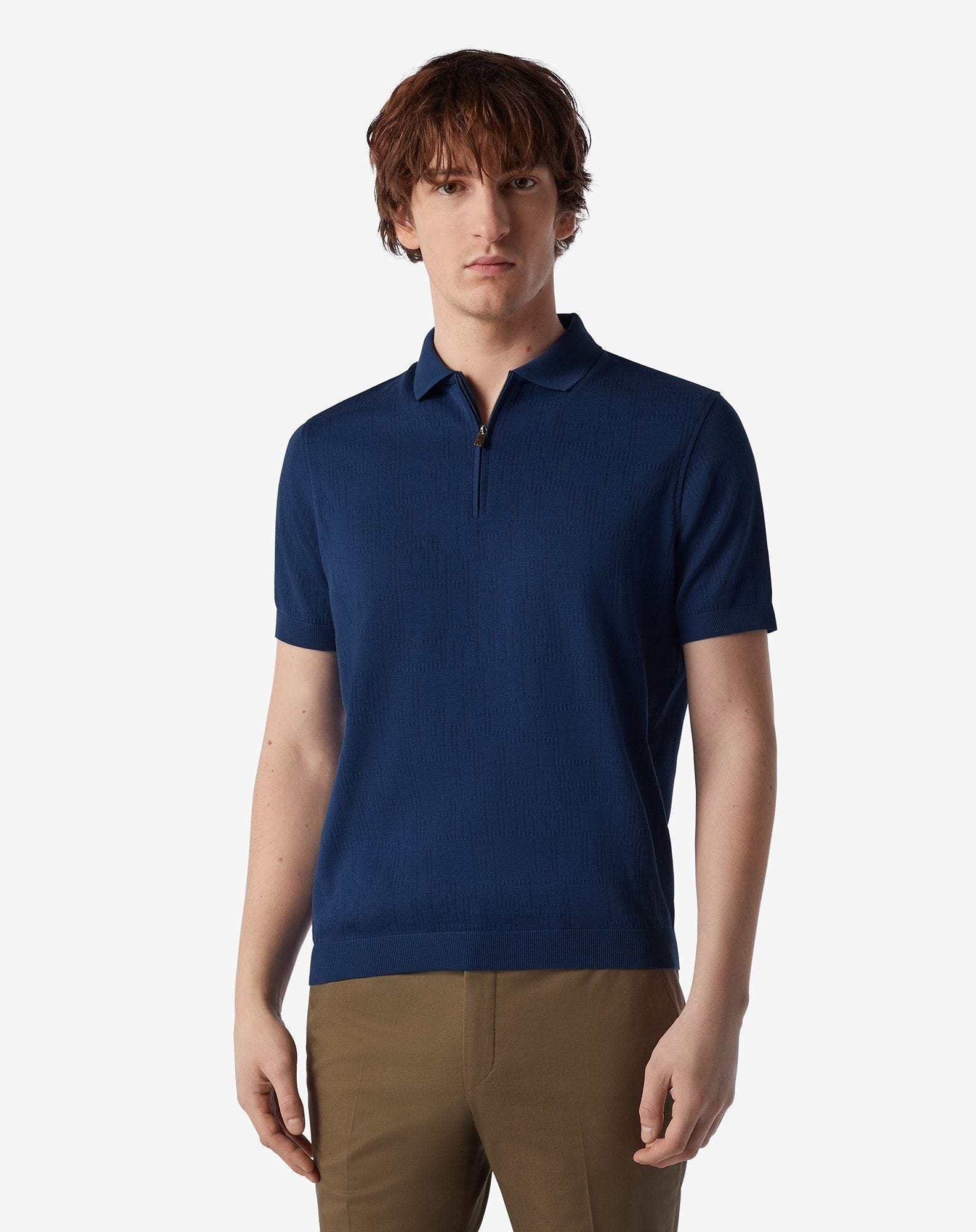 Polo blu chiaro con zip in cotone jacquard
