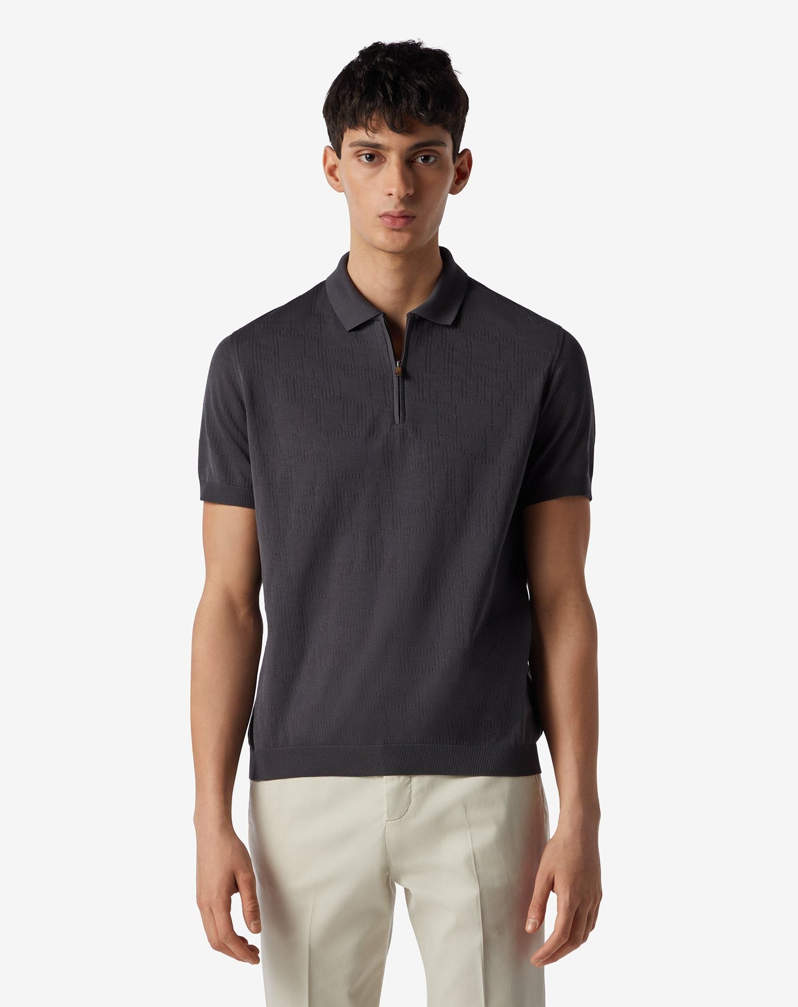 Polo Grigia Con Zip In Cotone Jacquard