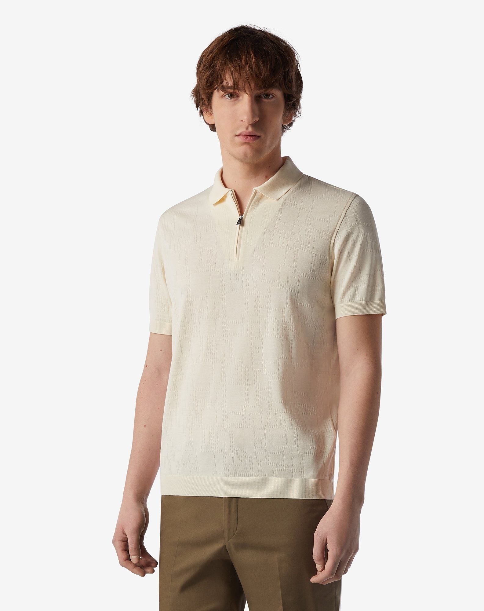 Polo color burro con zip in cotone jacquard