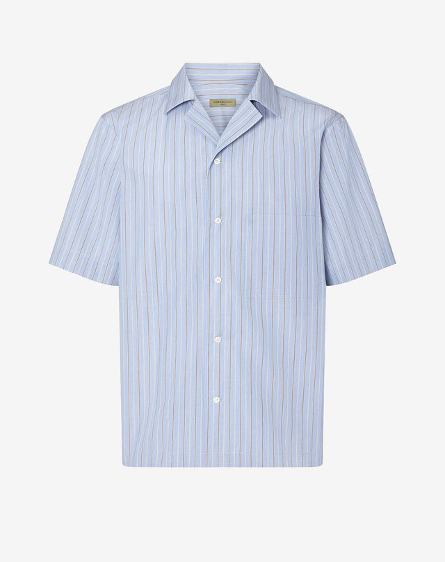 Shirt Azzurra Con Microriga In Cotone Supima