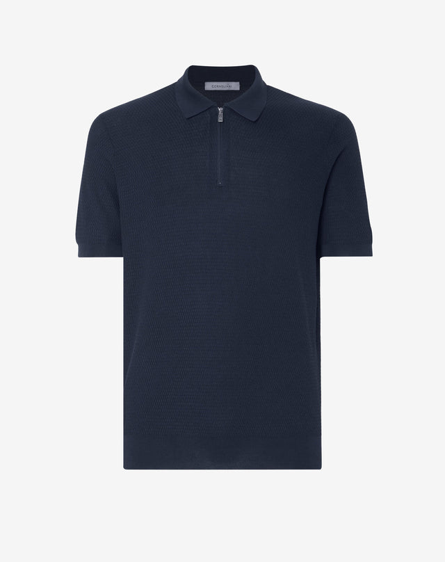Polo con zip blu in cotone Pima