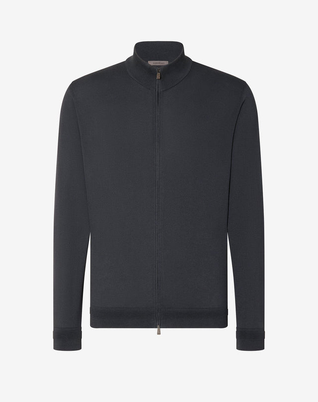 Sweater full zip grigio fumo in cotone Pima