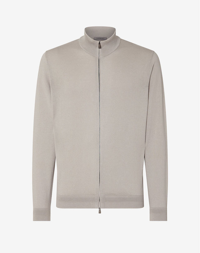 Sweater full zip sabbia in cotone Pima